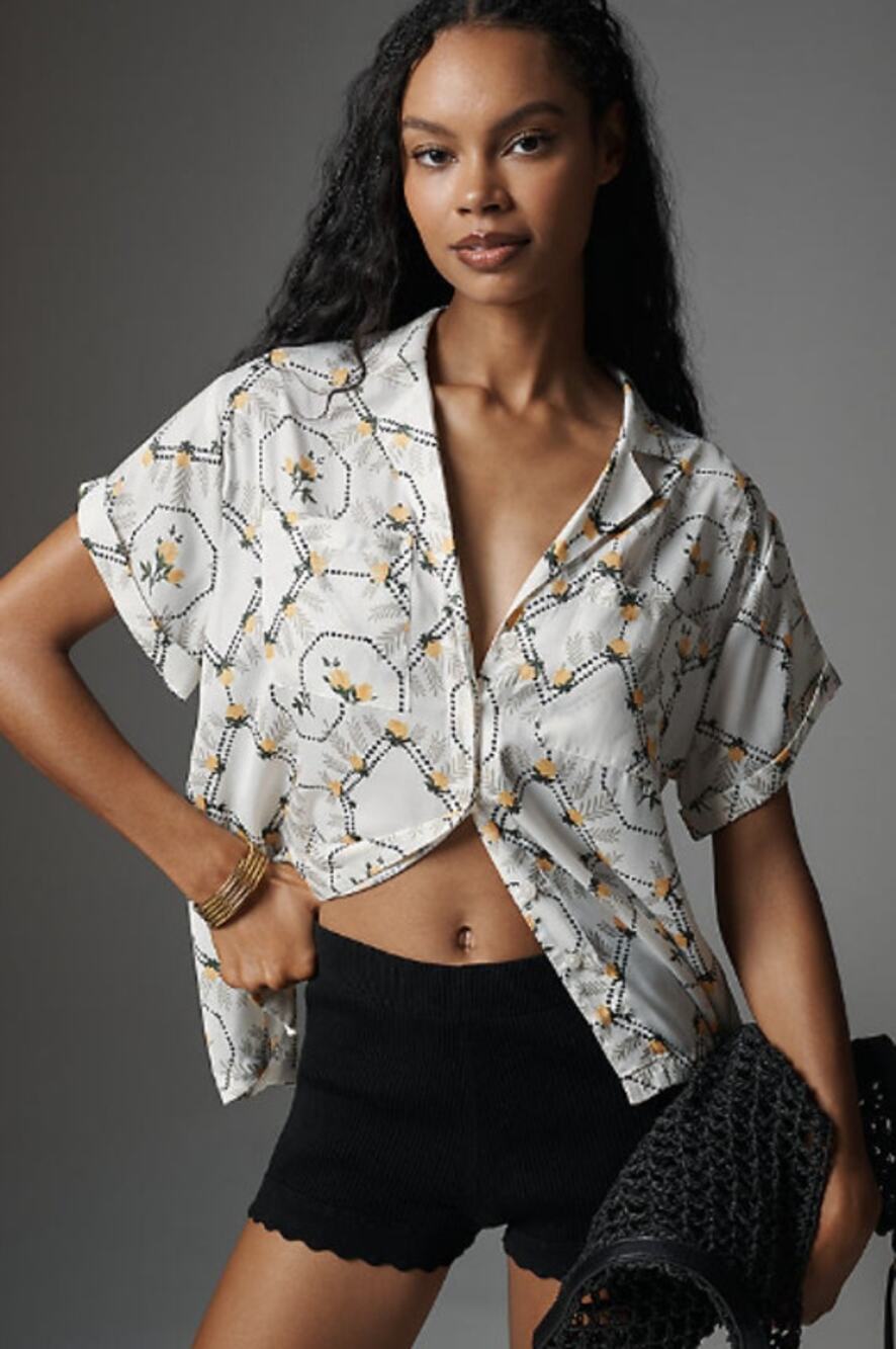Anthropologie Brenna Short-Sleeved Button-Down Shirt Yellow Green White Sz XL